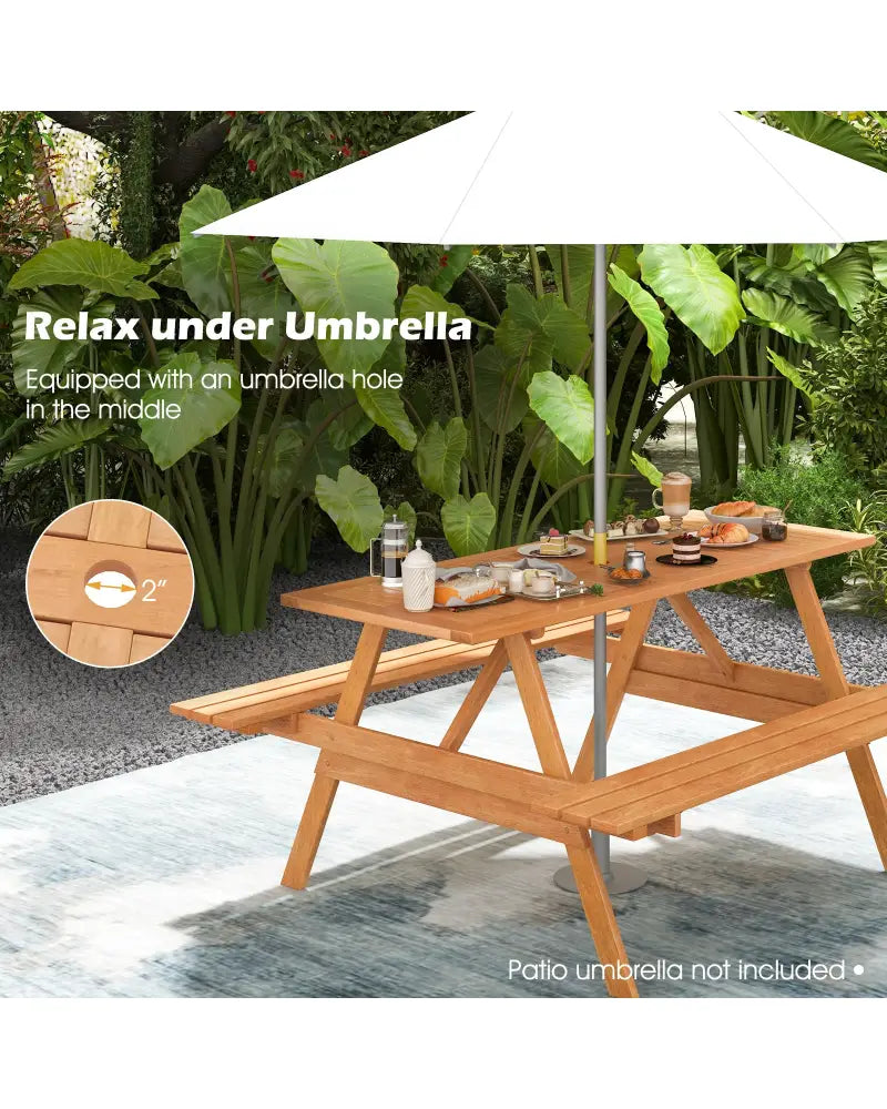 6 Person Picnic Table Set Patio Rectangle with 2 Built-in Benches and Umbrella Hole - Natural - Picnic Tables