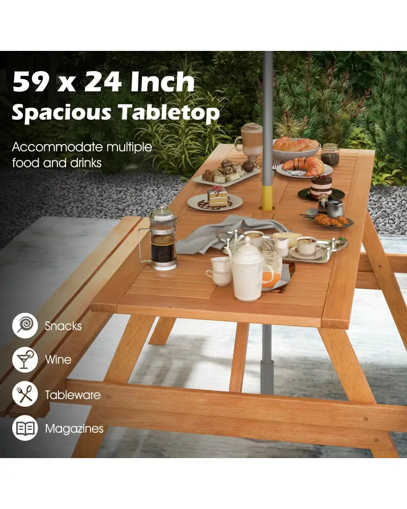 6 Person Picnic Table Set Patio Rectangle with 2 Built-in Benches and Umbrella Hole - Natural - Picnic Tables