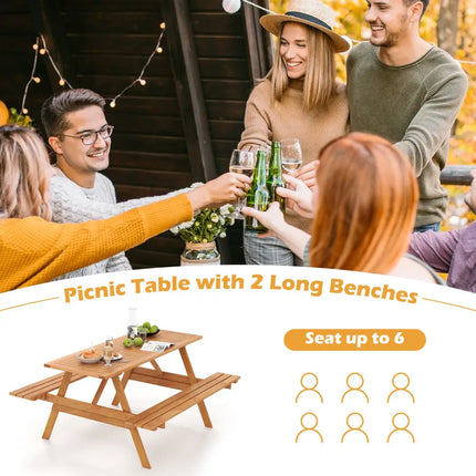 6 Person Picnic Table Set Patio Rectangle with 2 Built-in Benches and Umbrella Hole - Natural - Picnic Tables