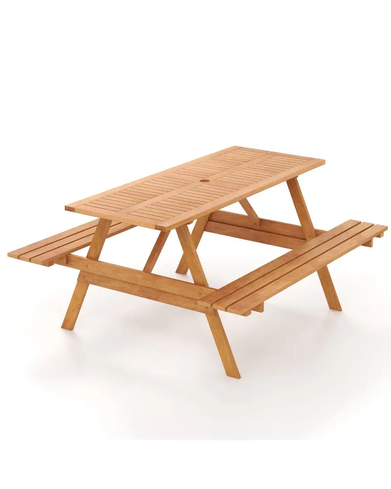 6 Person Picnic Table Set Patio Rectangle with 2 Built-in Benches and Umbrella Hole - Natural - Picnic Tables