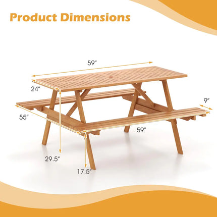 6 Person Picnic Table Set Patio Rectangle with 2 Built-in Benches and Umbrella Hole - Natural - Picnic Tables