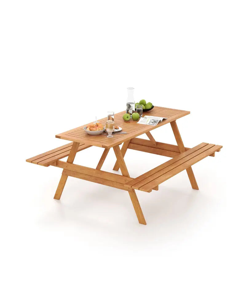 6 Person Picnic Table Set Patio Rectangle with 2 Built-in Benches and Umbrella Hole - Natural - Picnic Tables
