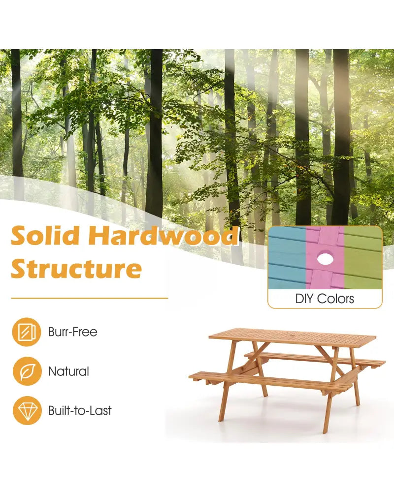 6 Person Picnic Table Set Patio Rectangle with 2 Built-in Benches and Umbrella Hole - Natural - Picnic Tables