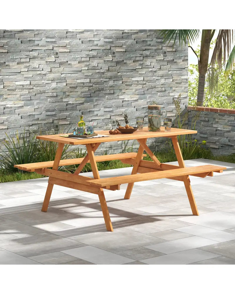 6 Person Picnic Table Set Patio Rectangle with 2 Built-in Benches and Umbrella Hole - Natural - Picnic Tables