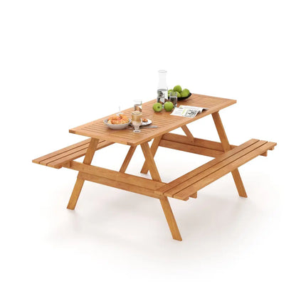6 Person Picnic Table Set Patio Rectangle with 2 Built-in Benches and Umbrella Hole - Natural - Picnic Tables