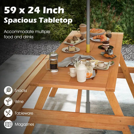 6 Person Picnic Table Set Patio Rectangle with 2 Built-in Benches and Umbrella Hole - Natural - Picnic Tables