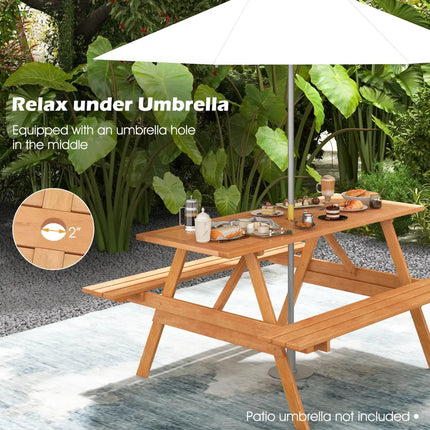 6 Person Picnic Table Set Patio Rectangle with 2 Built-in Benches and Umbrella Hole - Natural - Picnic Tables
