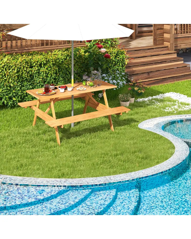 6 Person Picnic Table Set Patio Rectangle with 2 Built-in Benches and Umbrella Hole - Natural - Picnic Tables