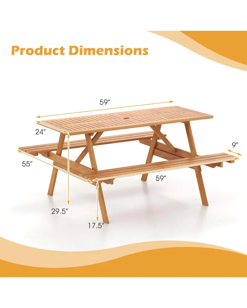 6 Person Picnic Table Set Patio Rectangle with 2 Built-in Benches and Umbrella Hole - Natural - Picnic Tables