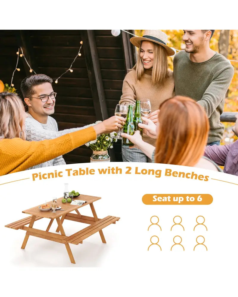 6 Person Picnic Table Set Patio Rectangle with 2 Built-in Benches and Umbrella Hole - Natural - Picnic Tables