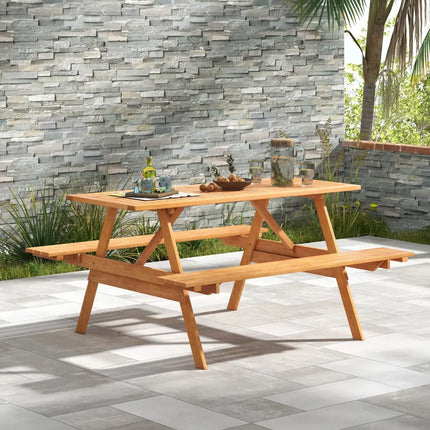 6 Person Picnic Table Set Patio Rectangle with 2 Built-in Benches and Umbrella Hole - Natural - Picnic Tables