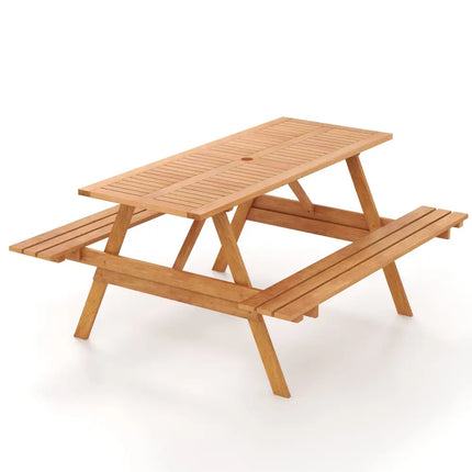 6 Person Picnic Table Set Patio Rectangle with 2 Built-in Benches and Umbrella Hole - Natural - Picnic Tables