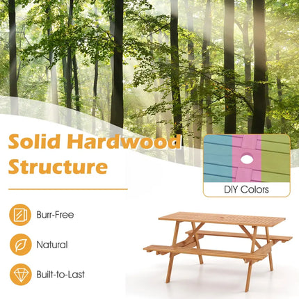 6 Person Picnic Table Set Patio Rectangle with 2 Built-in Benches and Umbrella Hole - Natural - Picnic Tables