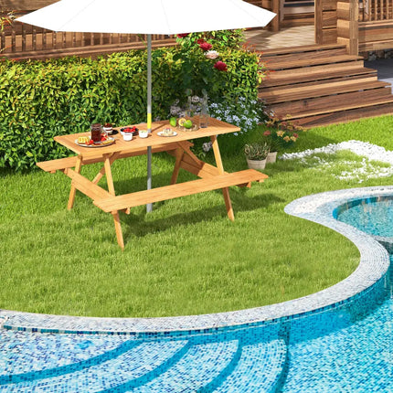 6 Person Picnic Table Set Patio Rectangle with 2 Built-in Benches and Umbrella Hole - Natural - Picnic Tables
