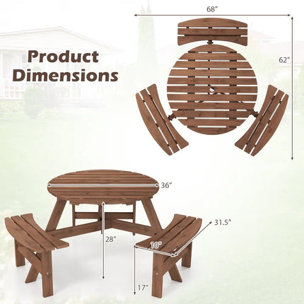 6-Person Round Picnic Table Set with 3 Built-in Benches and Umbrella Hole-Brown - Brown - Picnic Tables