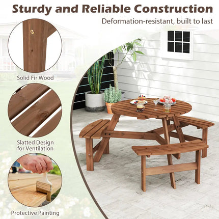6-Person Round Picnic Table Set with 3 Built-in Benches and Umbrella Hole-Brown - Brown - Picnic Tables