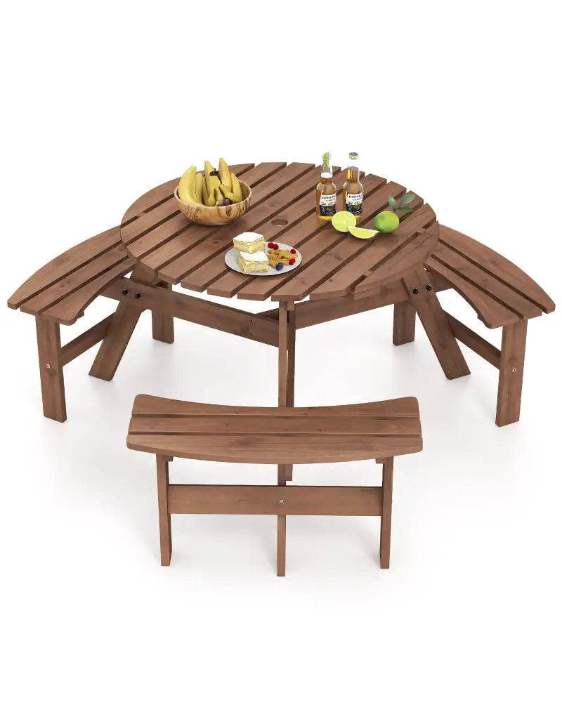 6-Person Round Picnic Table Set with 3 Built-in Benches and Umbrella Hole-Brown - Brown - Picnic Tables