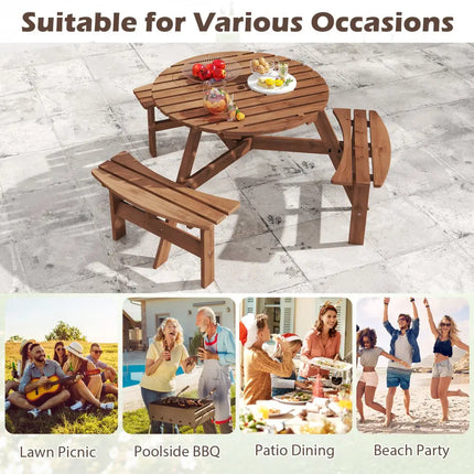 6-Person Round Picnic Table Set with 3 Built-in Benches and Umbrella Hole-Brown - Brown - Picnic Tables