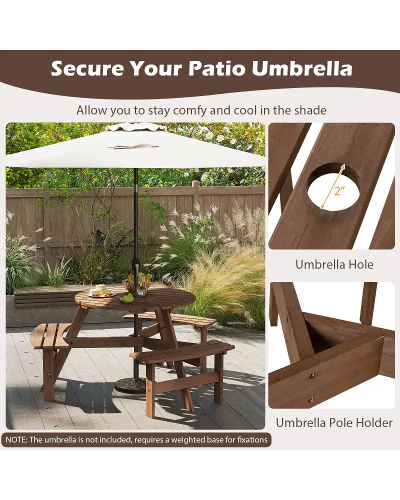 6-Person Round Picnic Table Set with 3 Built-in Benches and Umbrella Hole-Brown - Brown - Picnic Tables