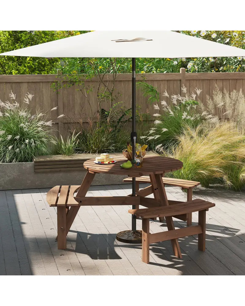 6-Person Round Picnic Table Set with 3 Built-in Benches and Umbrella Hole-Brown - Brown - Picnic Tables