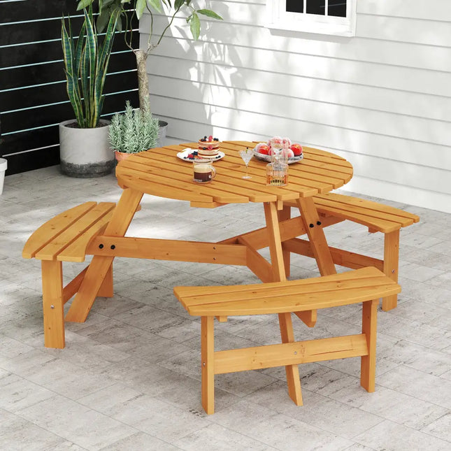 6-Person Round Picnic Table Set with 3 Built-in Benches and Umbrella Hole-Yellow - Yellow - Picnic Tables
