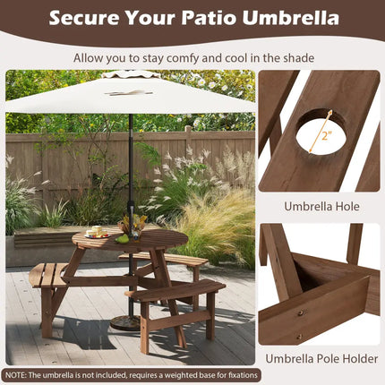 6-Person Round Picnic Table Set with 3 Built-in Benches and Umbrella Hole-Brown - Brown - Picnic Tables