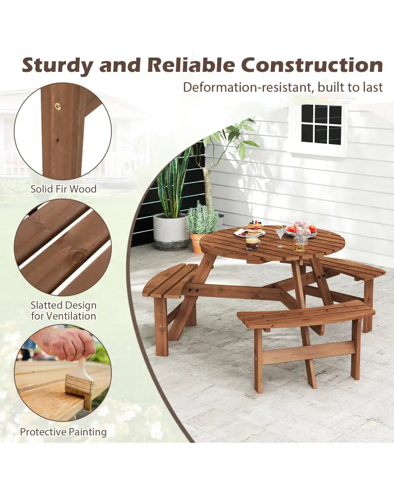 6-Person Round Picnic Table Set with 3 Built-in Benches and Umbrella Hole-Brown - Brown - Picnic Tables