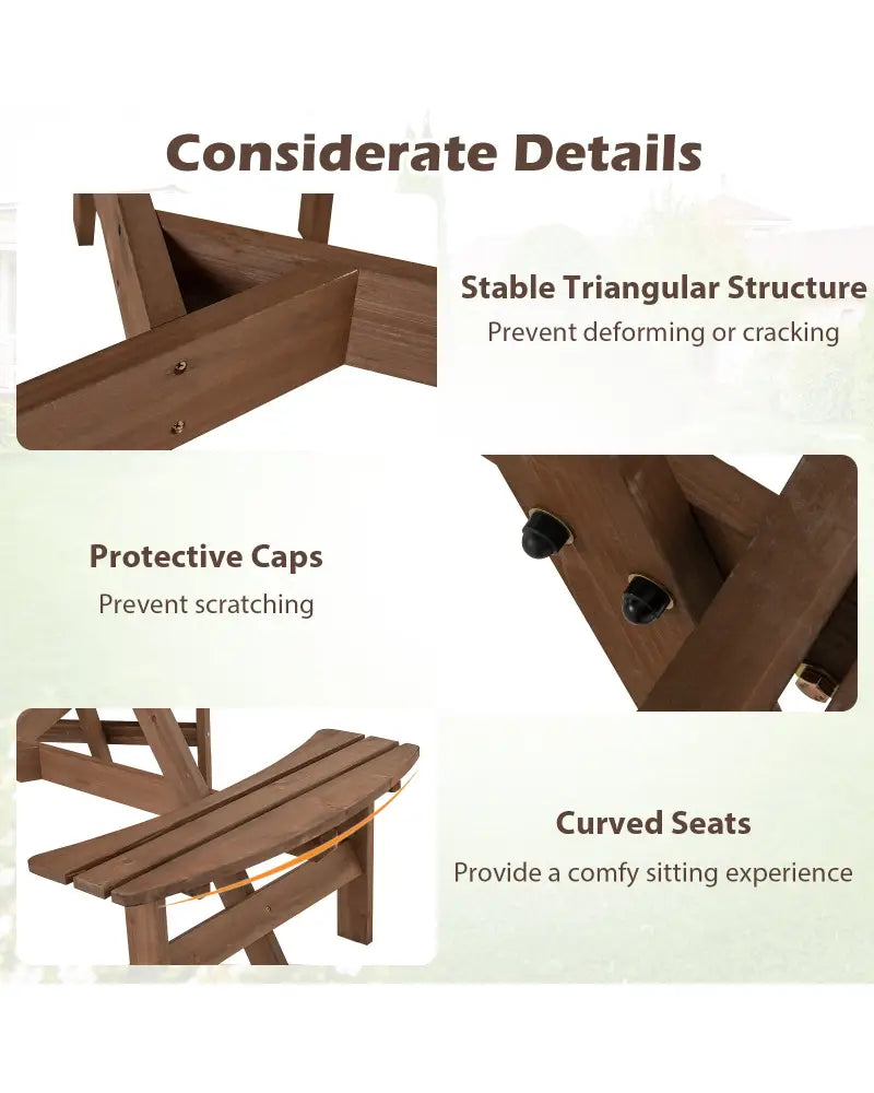 6-Person Round Picnic Table Set with 3 Built-in Benches and Umbrella Hole-Brown - Brown - Picnic Tables