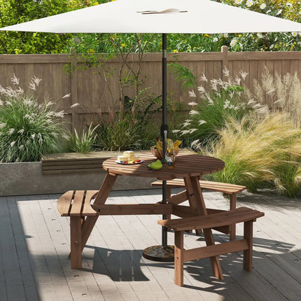 6-Person Round Picnic Table Set with 3 Built-in Benches and Umbrella Hole-Brown - Brown - Picnic Tables