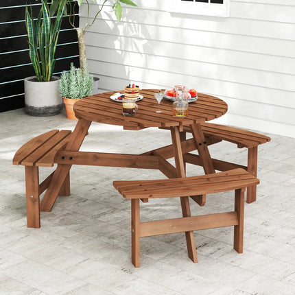 6-Person Round Picnic Table Set with 3 Built-in Benches and Umbrella Hole-Brown - Brown - Picnic Tables