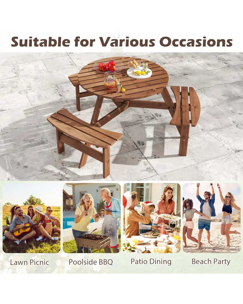 6-Person Round Picnic Table Set with 3 Built-in Benches and Umbrella Hole-Brown - Brown - Picnic Tables