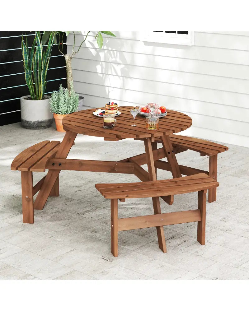 6-Person Round Picnic Table Set with 3 Built-in Benches and Umbrella Hole-Brown - Brown - Picnic Tables