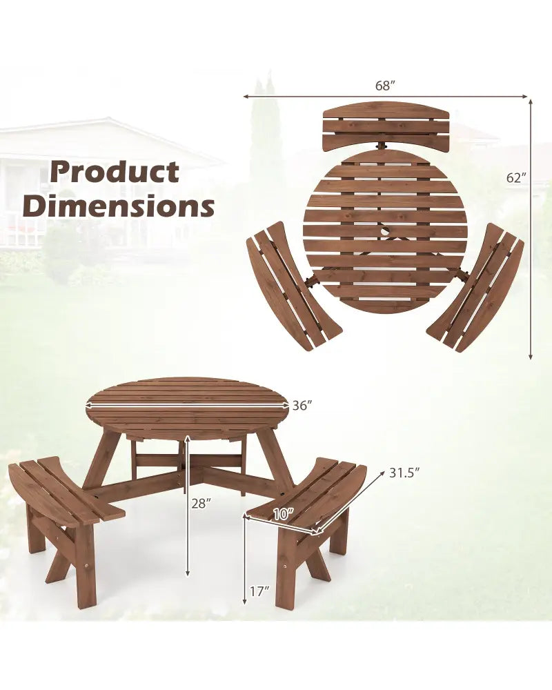 6-Person Round Picnic Table Set with 3 Built-in Benches and Umbrella Hole-Brown - Brown - Picnic Tables