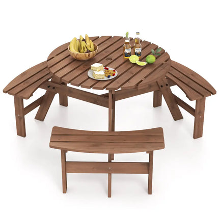 6-Person Round Picnic Table Set with 3 Built-in Benches and Umbrella Hole-Brown - Brown - Picnic Tables
