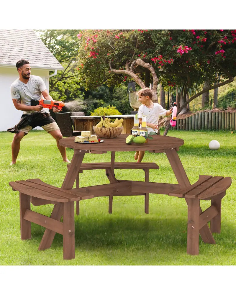6-Person Round Picnic Table Set with 3 Built-in Benches and Umbrella Hole-Brown - Brown - Picnic Tables
