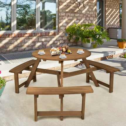 6-person Round Wooden Picnic Table with Umbrella Hole and 3 Built-in Benches-Dark Brown - Dark Brown - Picnic Tables