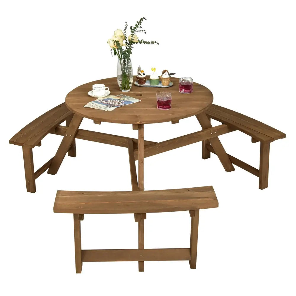 6-person Round Wooden Picnic Table with Umbrella Hole and 3 Built-in Benches-Dark Brown - Dark Brown - Picnic Tables