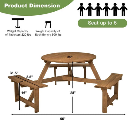 6-person Round Wooden Picnic Table with Umbrella Hole and 3 Built-in Benches-Dark Brown - Dark Brown - Picnic Tables