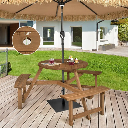 6-person Round Wooden Picnic Table with Umbrella Hole and 3 Built-in Benches-Dark Brown - Dark Brown - Picnic Tables