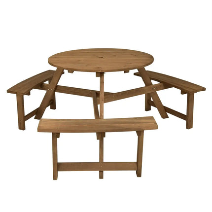 6-person Round Wooden Picnic Table with Umbrella Hole and 3 Built-in Benches-Dark Brown - Dark Brown - Picnic Tables