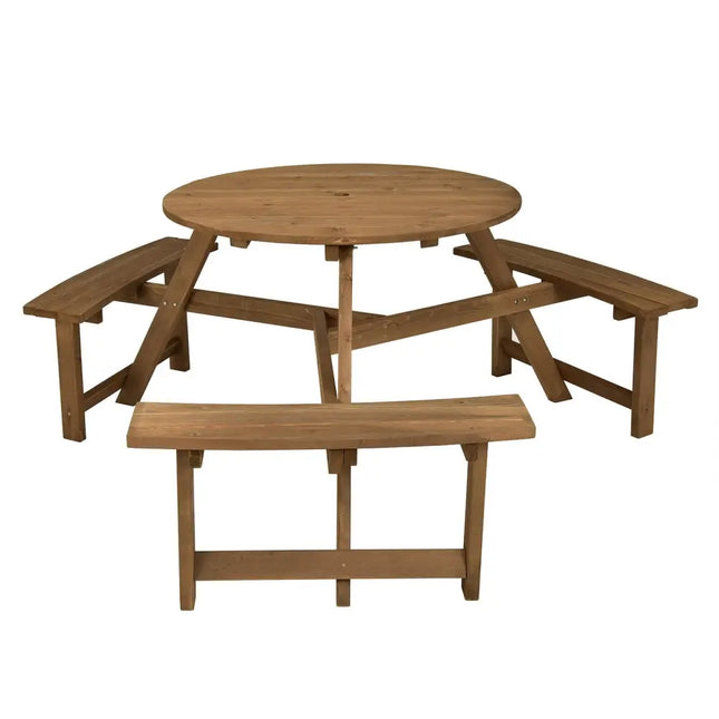 6-person Round Wooden Picnic Table with Umbrella Hole and 3 Built-in Benches-Dark Brown - Dark Brown - Picnic Tables