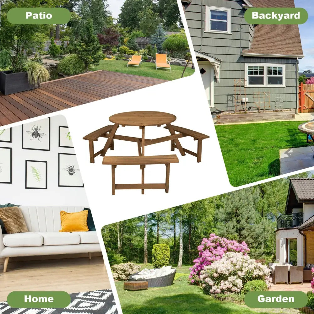6-person Round Wooden Picnic Table with Umbrella Hole and 3 Built-in Benches-Dark Brown - Dark Brown - Picnic Tables