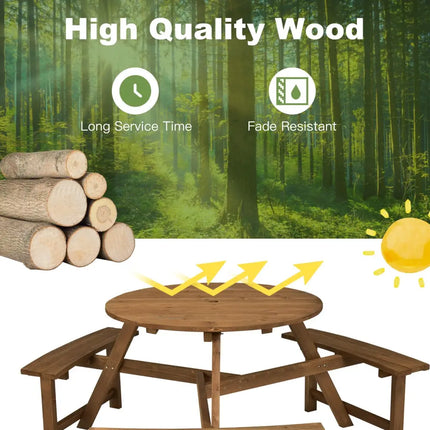 6-person Round Wooden Picnic Table with Umbrella Hole and 3 Built-in Benches-Dark Brown - Dark Brown - Picnic Tables