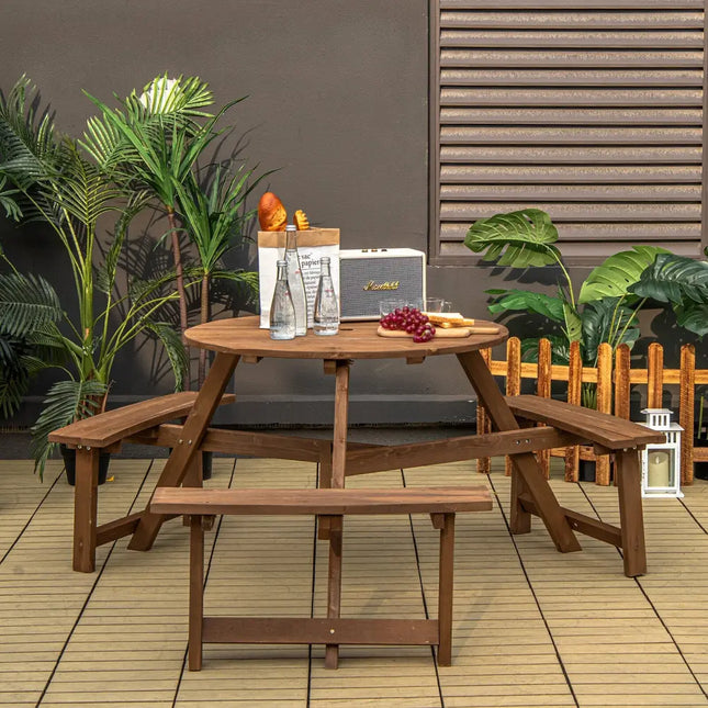 6-person Round Wooden Picnic Table with Umbrella Hole and 3 Built-in Benches-Dark Brown - Dark Brown - Picnic Tables