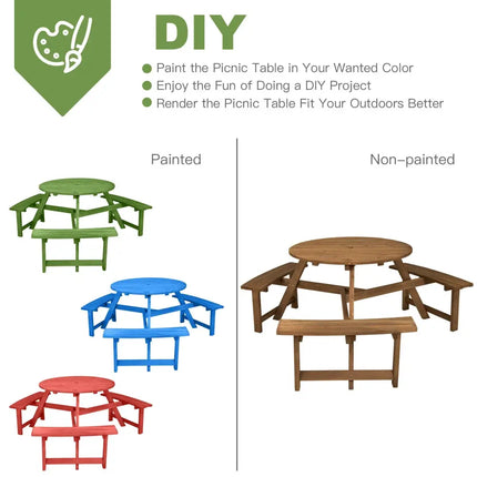 6-person Round Wooden Picnic Table with Umbrella Hole and 3 Built-in Benches-Dark Brown - Dark Brown - Picnic Tables