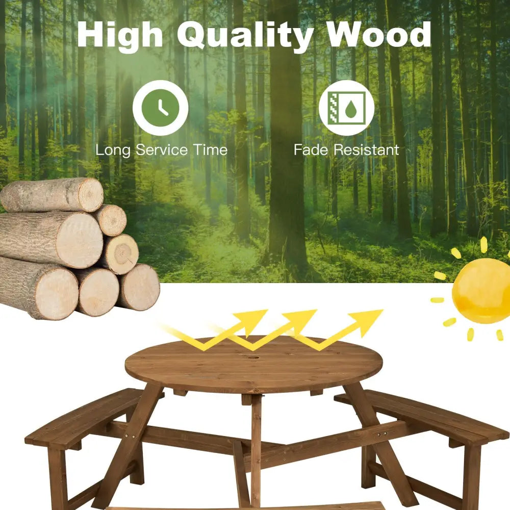 6-person Round Wooden Picnic Table with Umbrella Hole and 3 Built-in Benches-Dark Brown - Dark Brown - Picnic Tables