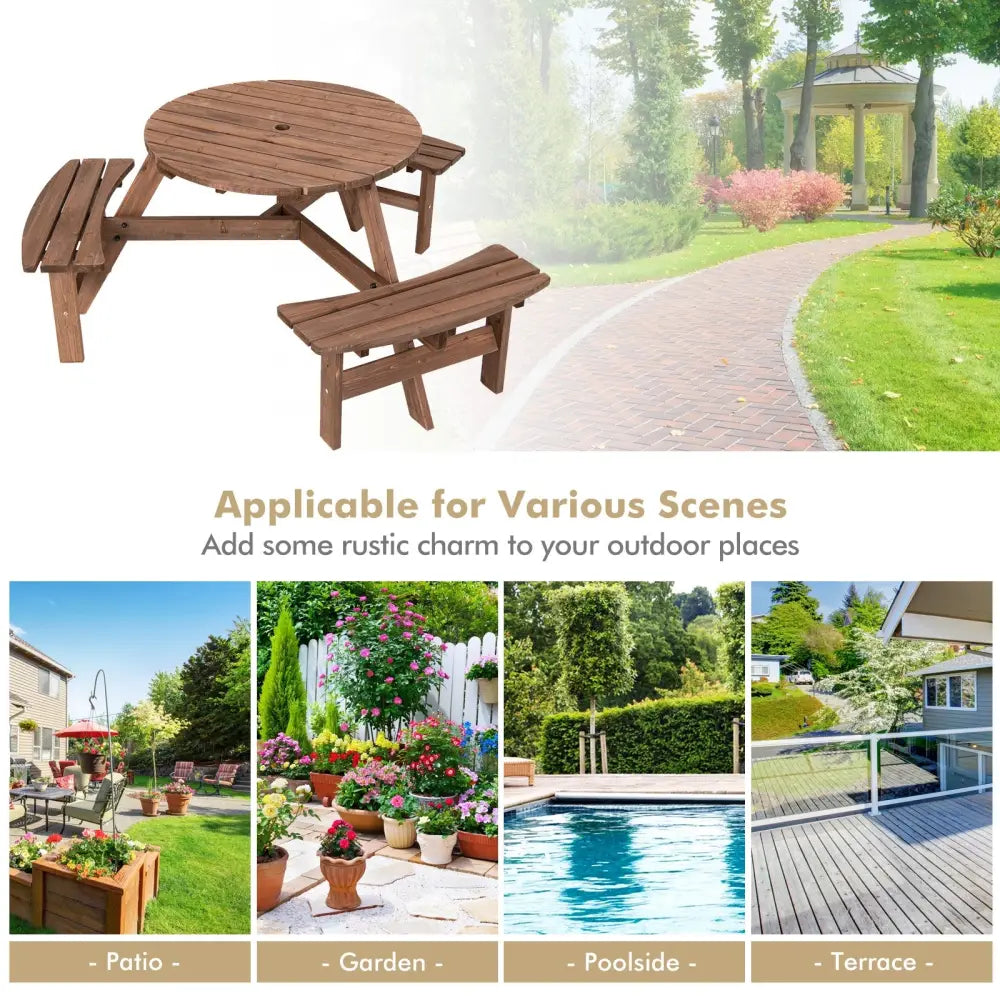 6 Person Wooden Picnic Table Set with Bench and Umbrella Hold - Picnic Tables