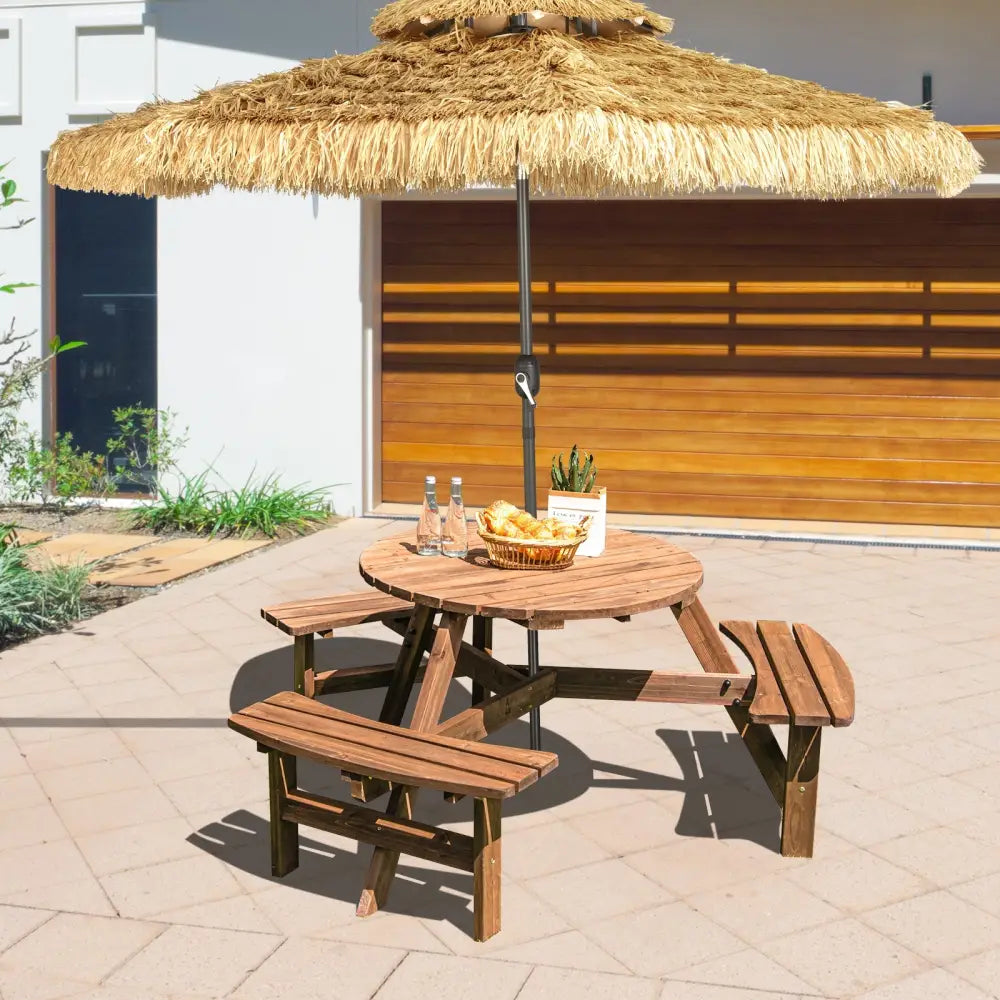 6 Person Wooden Picnic Table Set with Bench and Umbrella Hold - Picnic Tables