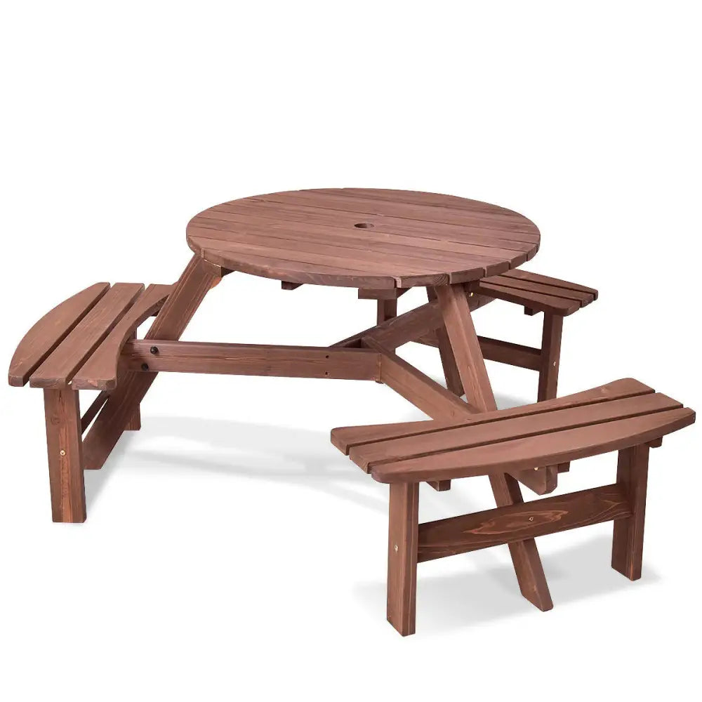 6 Person Wooden Picnic Table Set with Bench and Umbrella Hold - Picnic Tables