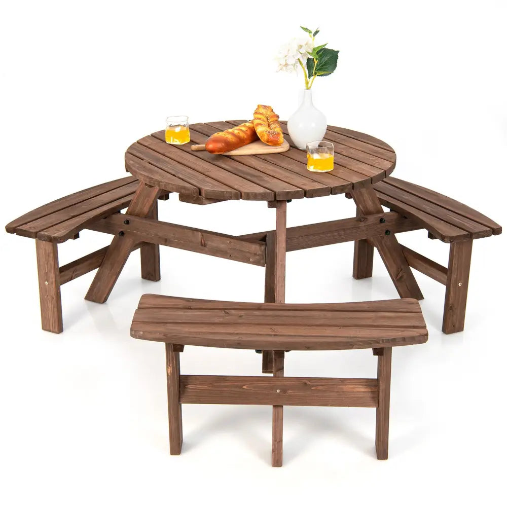 6 Person Wooden Picnic Table Set with Bench and Umbrella Hold - Picnic Tables